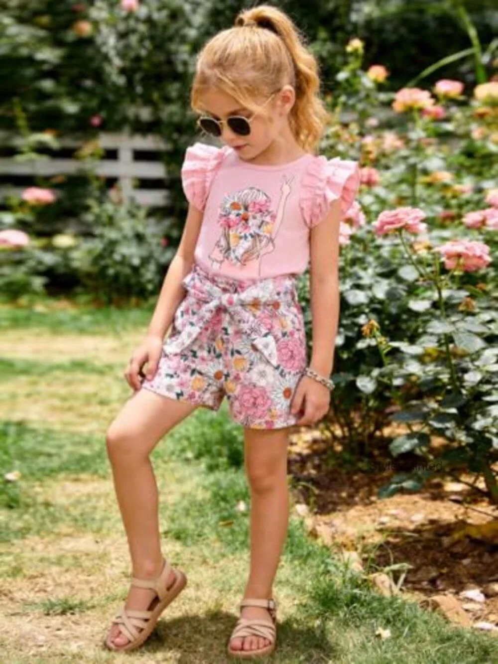 Girls 2 Piece Summer Outfit Ruffle Sleeve Top Paperbag Waist Shorts With Pockets